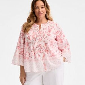 Style & Co Floral Salmon Printed Pintuck Top, XL 3/4 sleeves